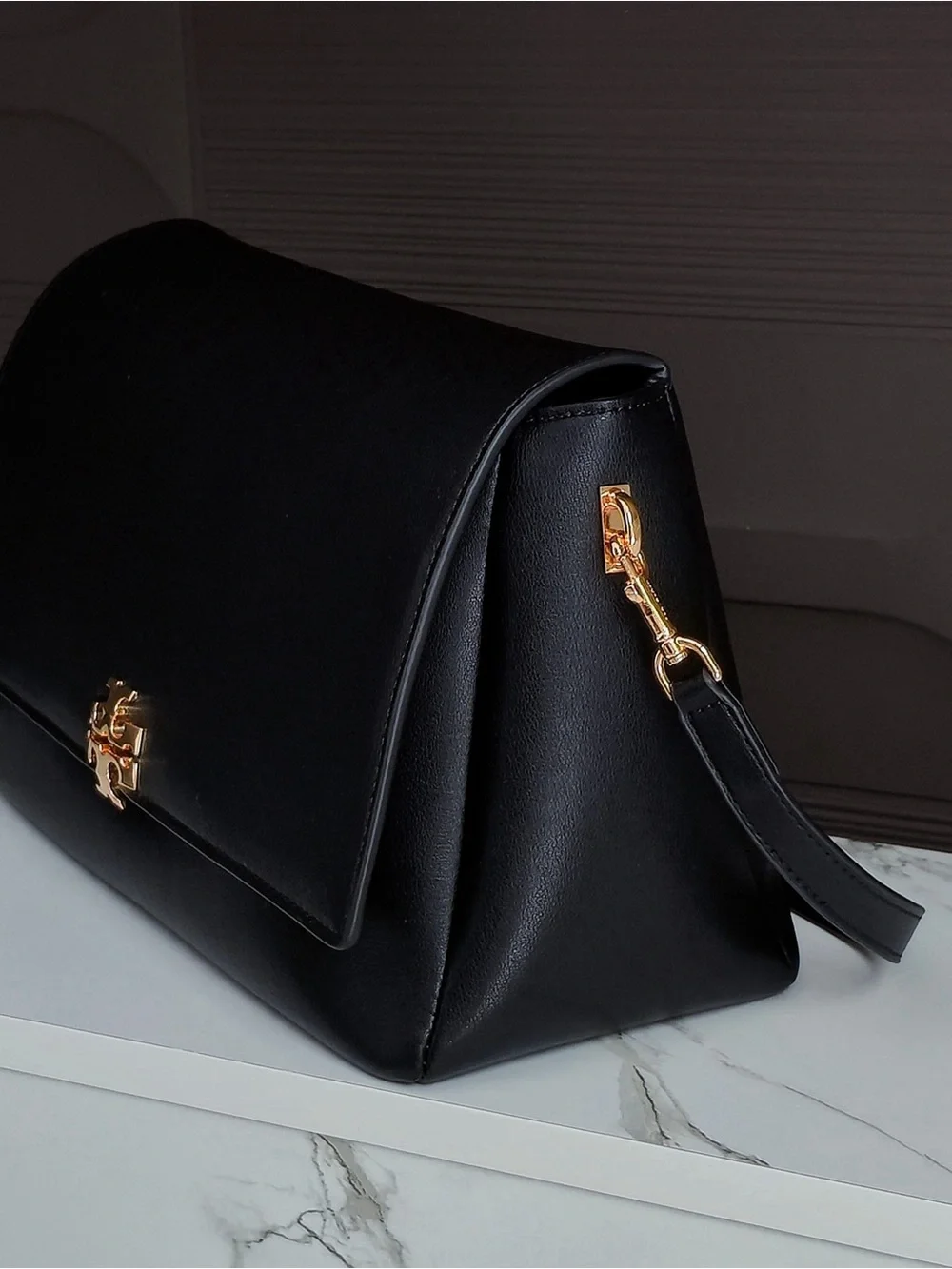 Tory Burch Black Leather Flap Shoulder Bag with Gold Hardware
